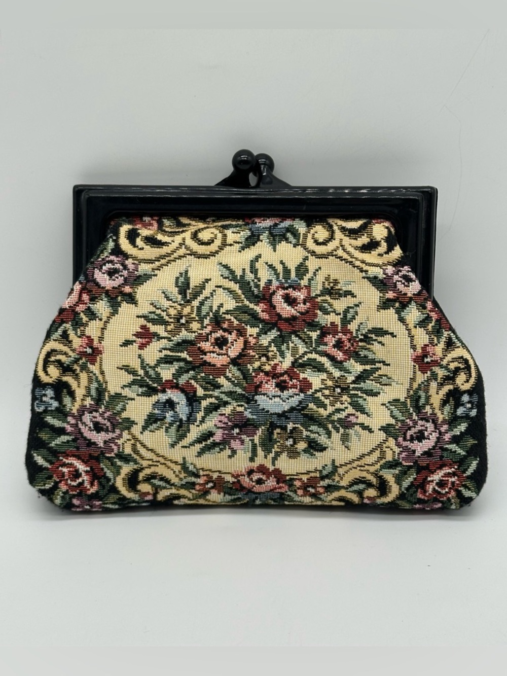 Vintage Floral Tapestry Handbag Clutch Needlepoint Front Sold Back Lucite Handle